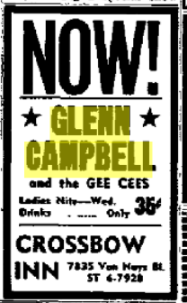 Glenn Campbell and the Gee Cees at the Crossbow Inn in Van Nuys, Van Nuys Valley News, November 3, 1961