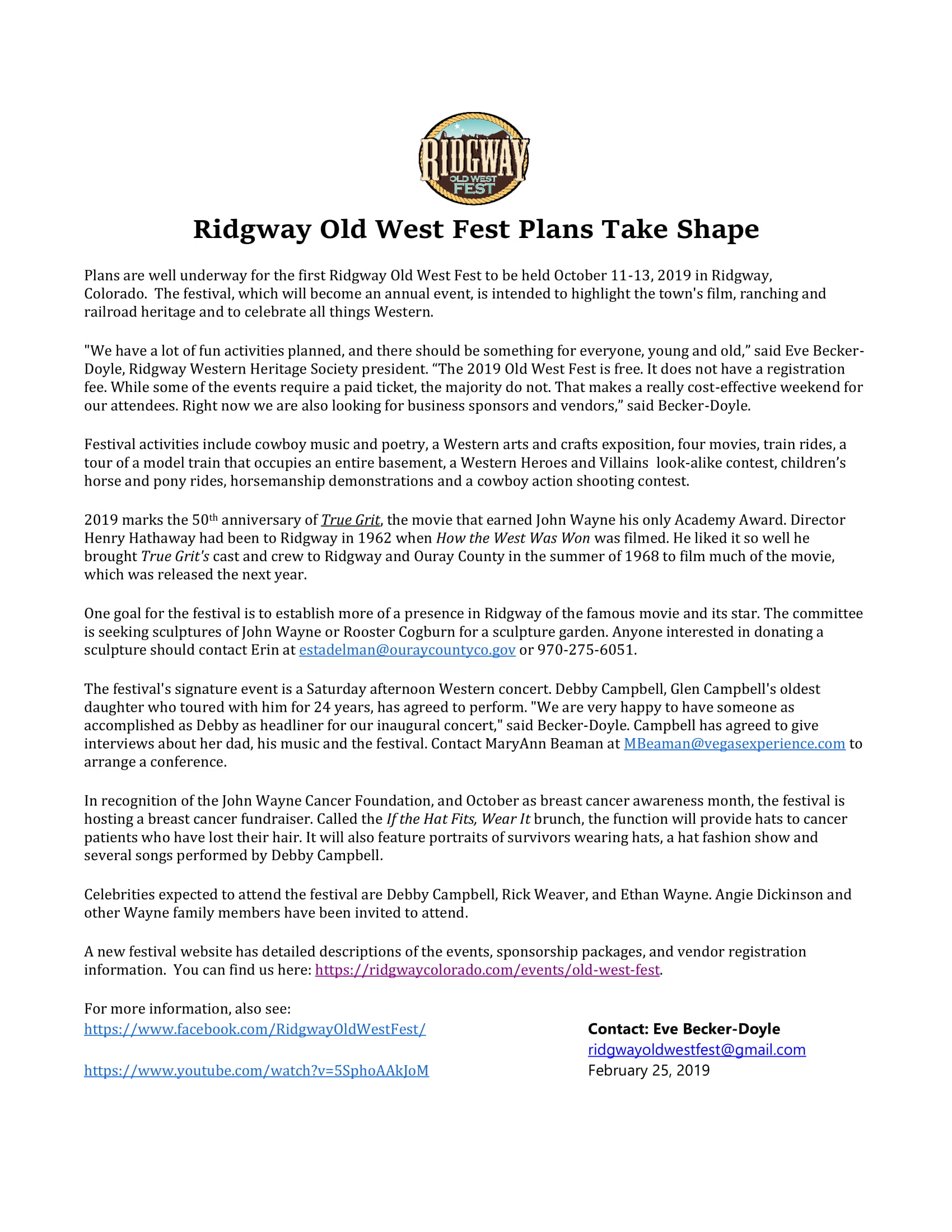 Press Release for Ridgway Old West Fest True Grit Festival